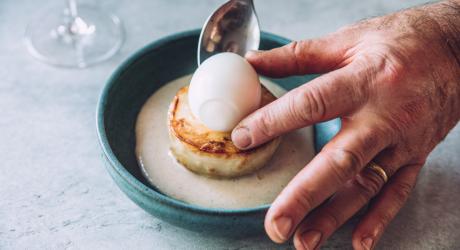 Soft-boiled egg, mushrooms and celeriac